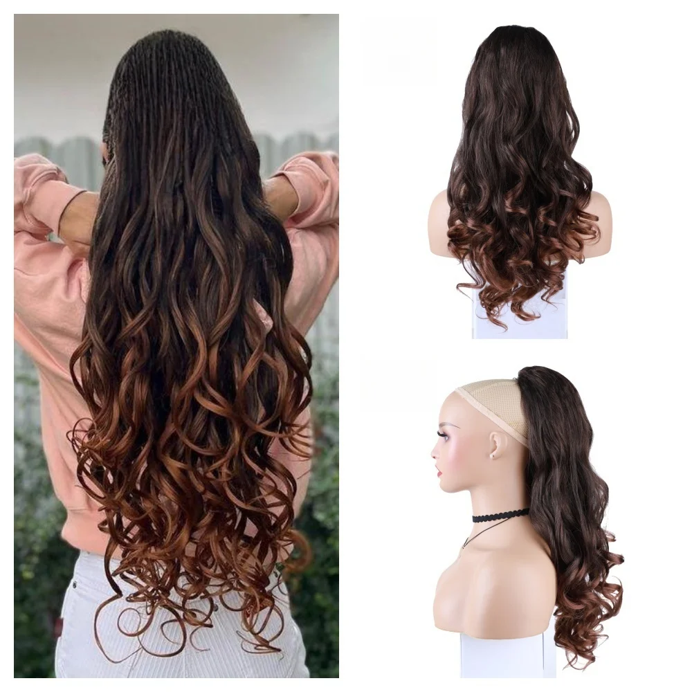 Blice Long Loose Wavy Synthetic Hairpiece Dancing Curly Drawstring Ponytail Clips-In Mixed Brown Hair Extensions Grey 24 Inch
