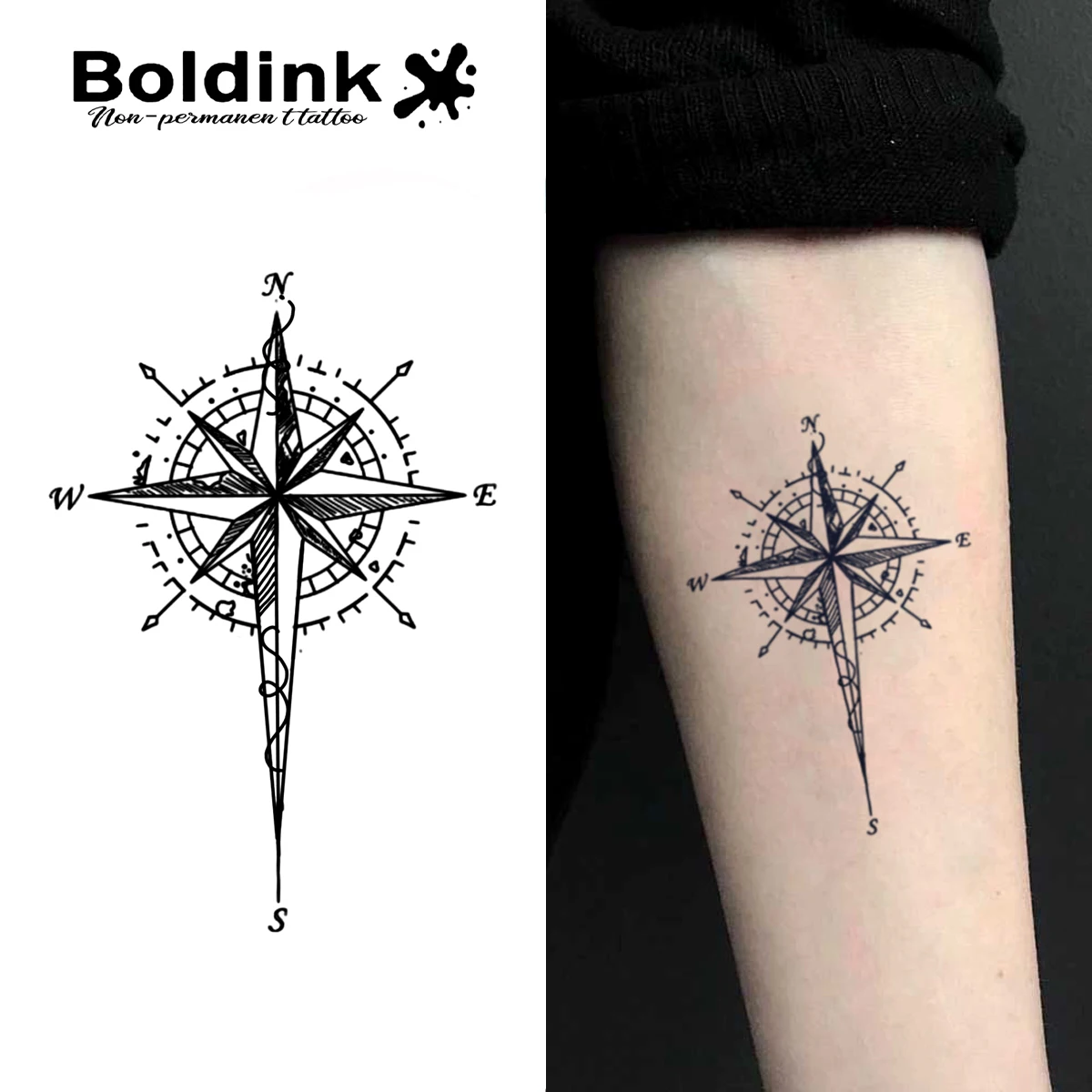 Boldink Navigator's Compass Temporary Tattoo,Lasts To 15 Days New Technology Magic Waterproof Semi Permanent Sticker.