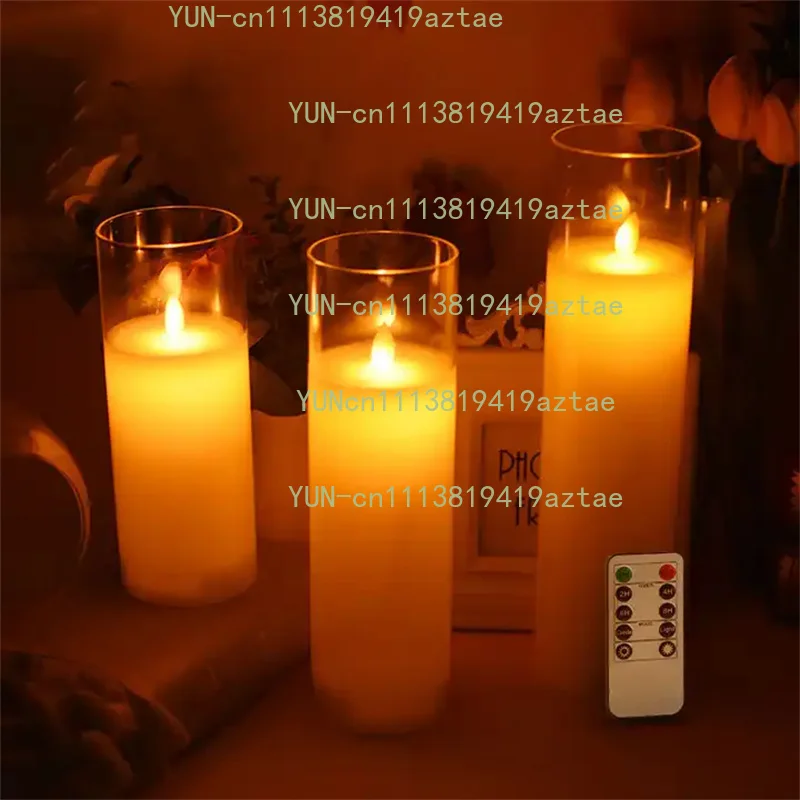 Glass Cover Flameless LED Pillar Candle, 20‑25‑30cm Tall Electronic Candle with Remote Control,  Operated Light