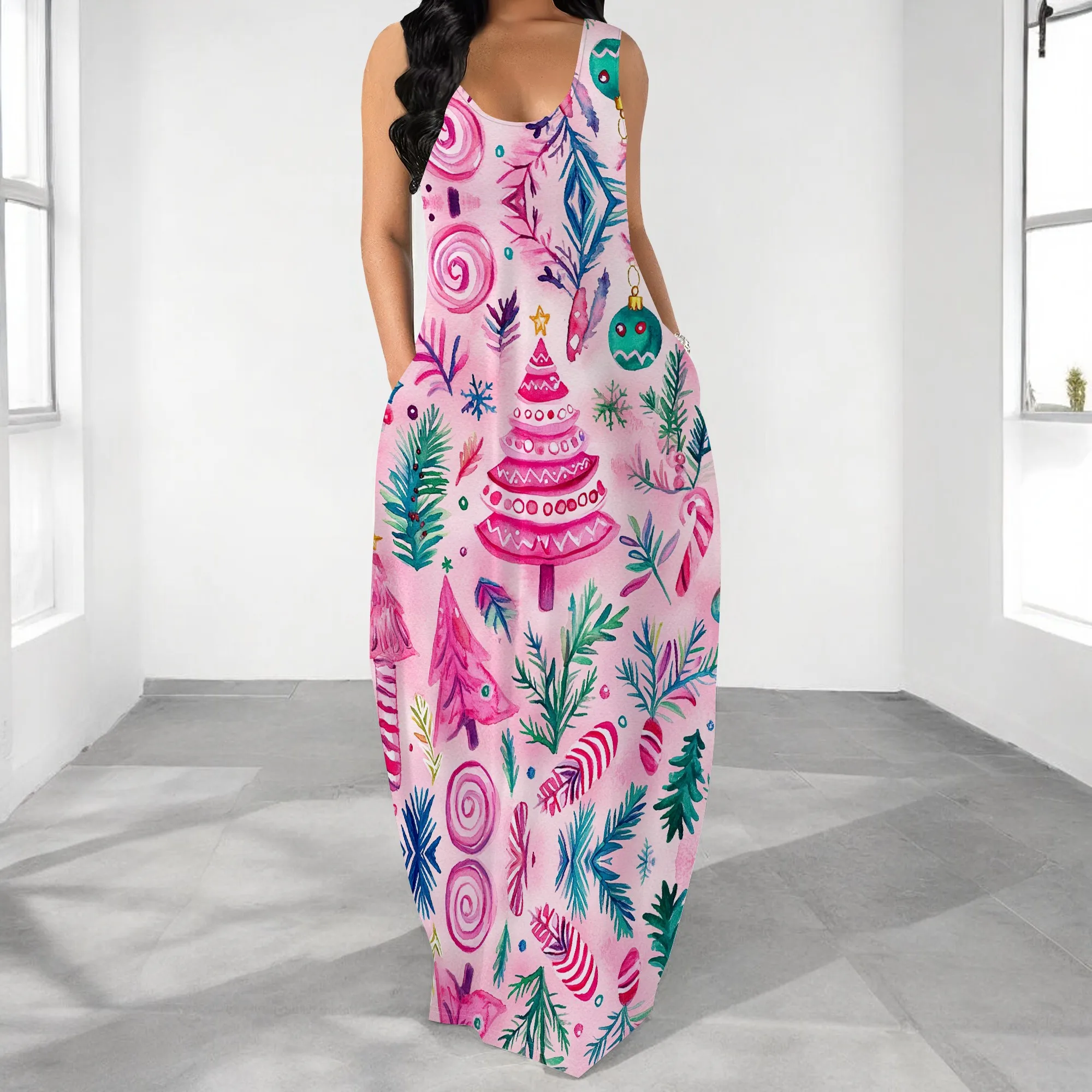 

Women's Christmas Tree Print Maxi Dress Holiday Sleeveless Loose Dress with Pockets for Party Vacation Wear S-3XL
