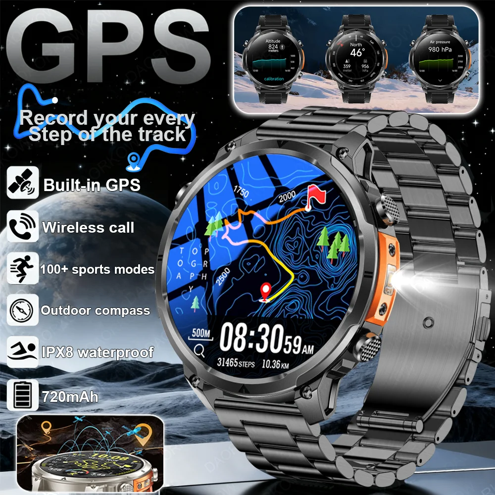 

2025 New Military Bluetooth Call Smart Watch Built-in GPS Compass Barometric Altimeter IP68 Waterproof Sports Smartwatches Men