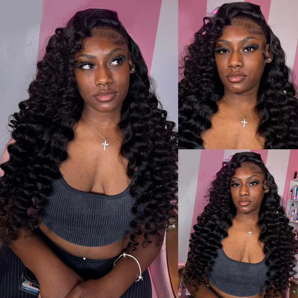 Natural Black 250 Density Loose Deep Wave 13x6 Lace Front Human Hair Wigs Brazilian 30 40 Inches Curly Water Wave HD 13x4 Lace Frontal Wig view 6