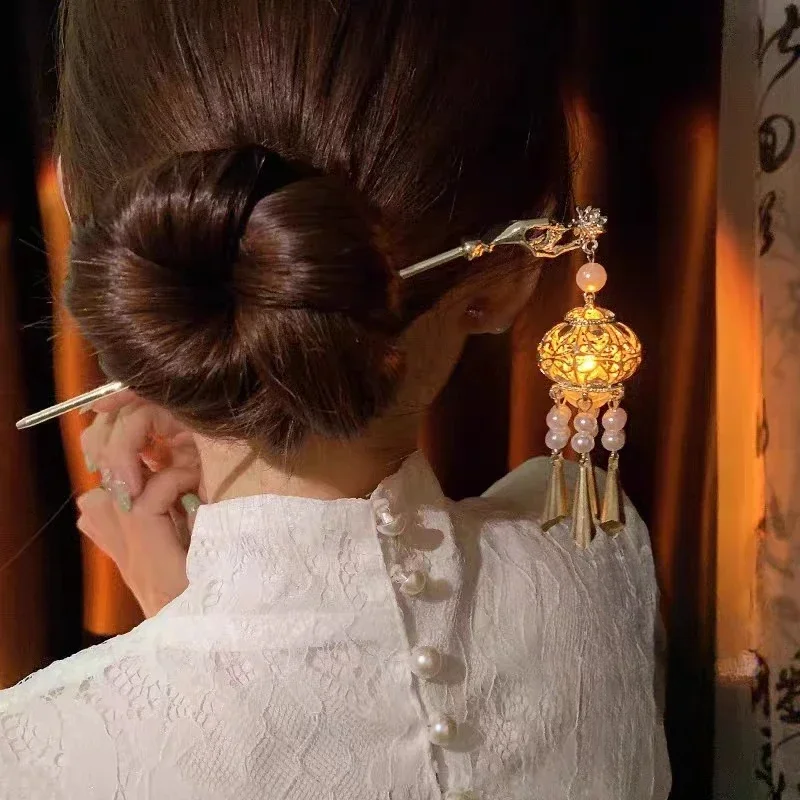 Ancient Style Hairpin Claw Clips Chinese Palace Lantern Hair Sticks Forks Retro Lotus Tassel Headpieces for Girls Women Hair Pin - Image 3