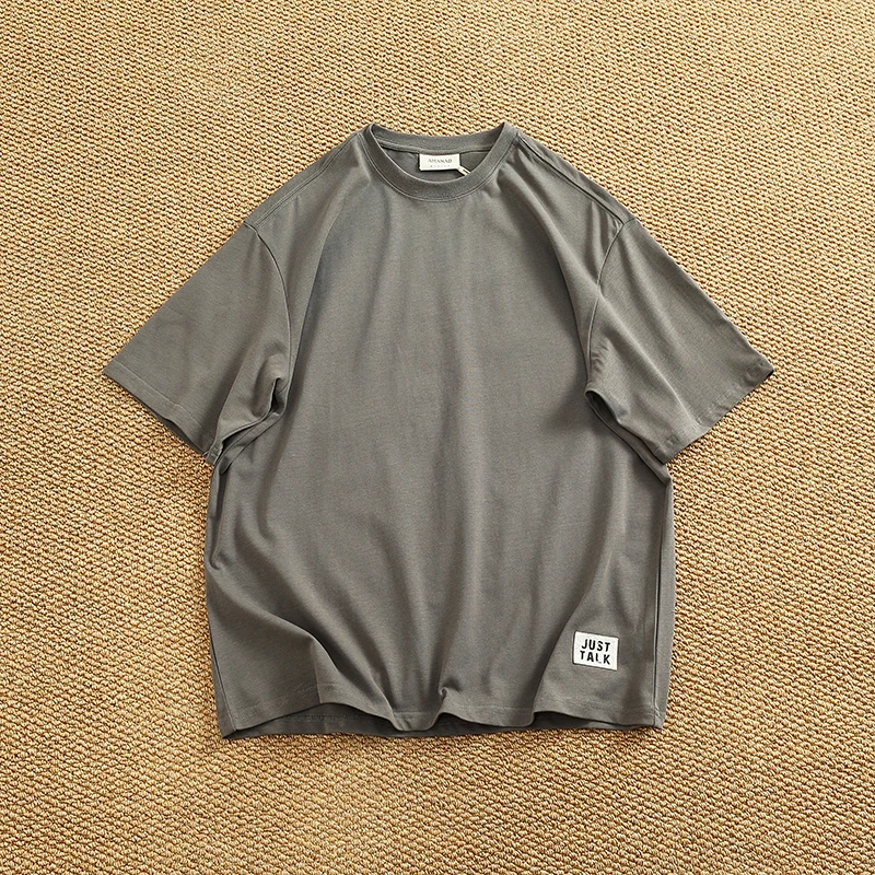 2025 Summer New American Retro 260G Heavyweight Solid Color Chapter T-shirt Men's Simple 100% Cotton Washed Casual Loose Tops