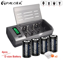 PALO 1-8pcs R20 D Cell battery D size rechargeable battery 1.2V 8000mAh NI-MH +LCD Smart Charger for AA AAA C D 9V batteries