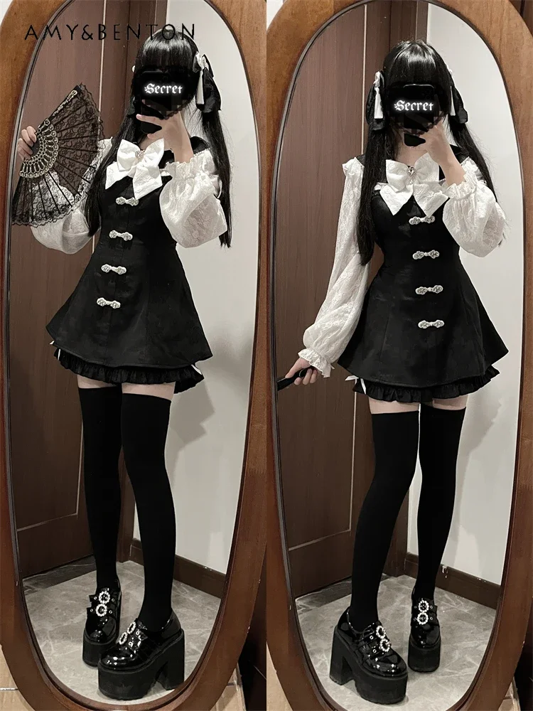 Conjunto de vestido de Jacquard de la serie Mine japonesa, conjunto de dos piezas con cuello de muñeca Lolita, vestido con manga acampanada y lazo, pantalones cortos para mujer