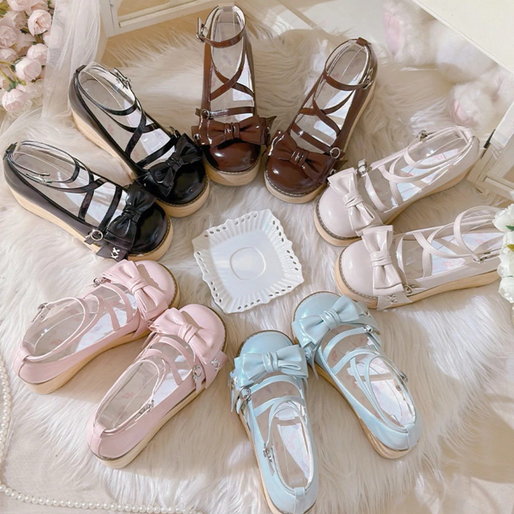 

Lolita Shoes for Women Pink Heightening Wood Grain Platform Shoes Bow Kawaii Retro Summer Heels Original Design