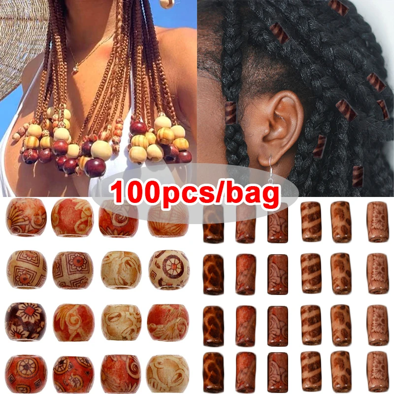 100pcs Wooden Dreadlock Beads Vintage Wood Loose Bead For Hair Braids Bracelet DIY Jewelry Making Bead Hair Braiding Accessories