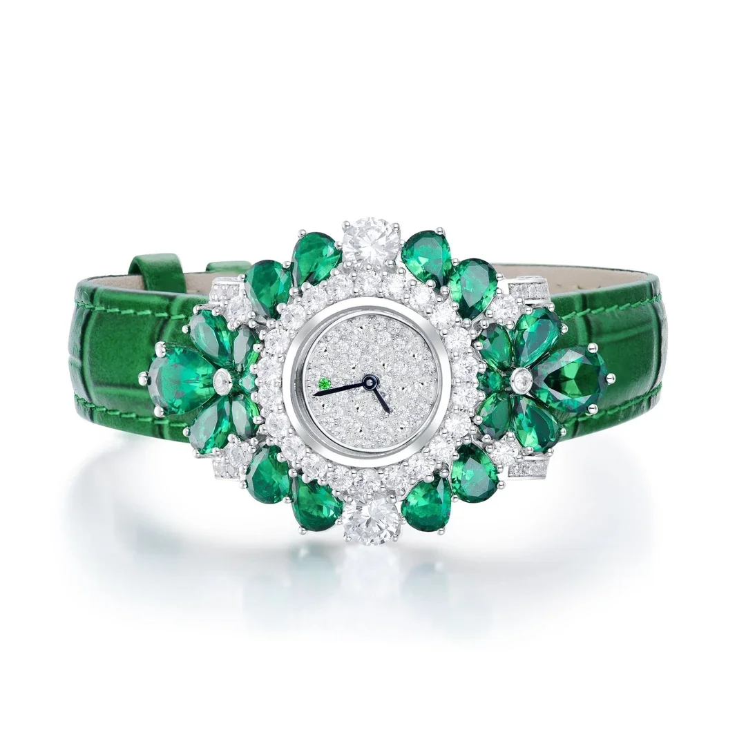 Bellux Green Belt Elf Luxury Women's Jewelry Watch Artificial Emerald Water Drop Full White Diamond Watches