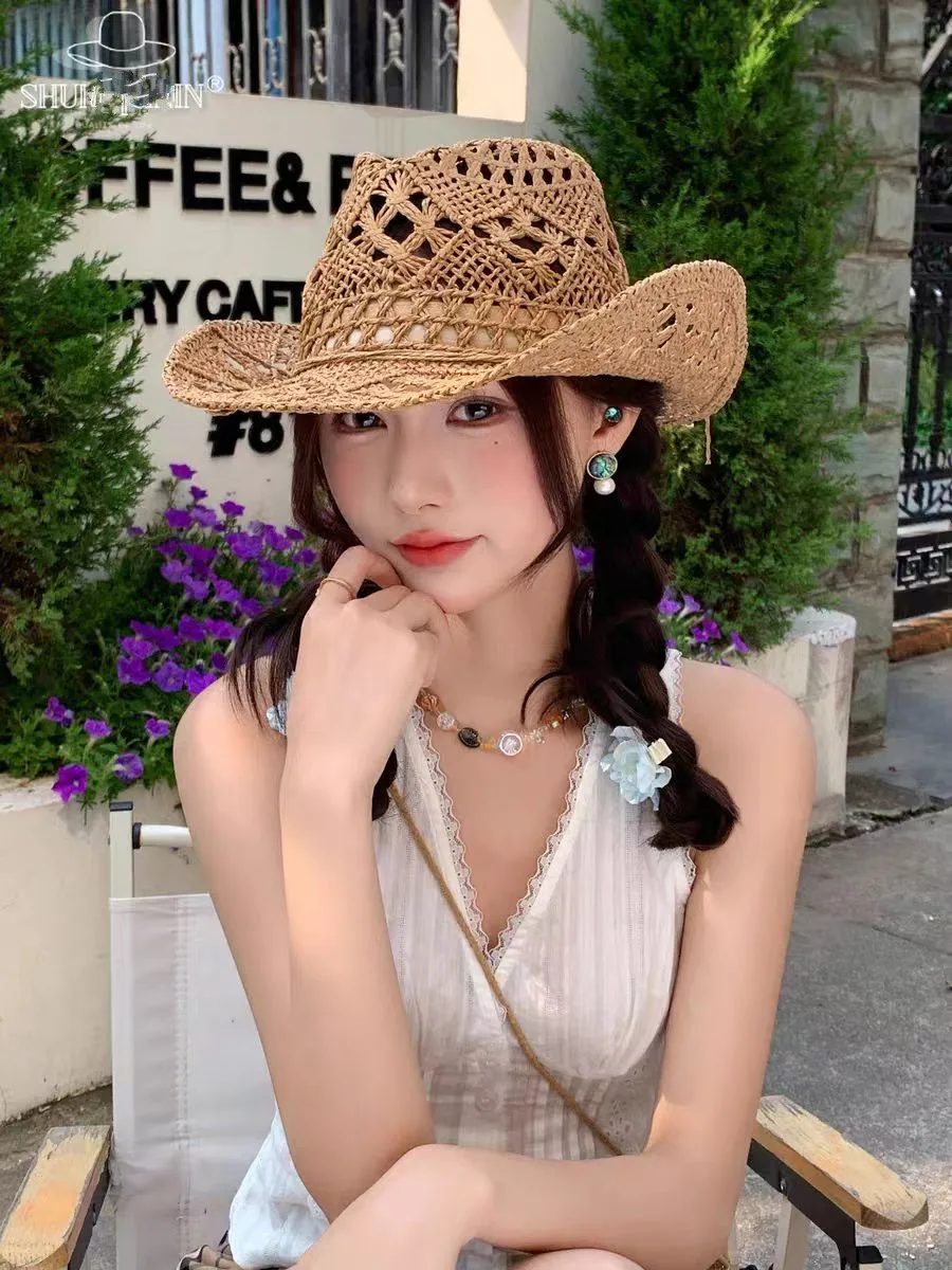 

Classic Vintage Unisex Straw Western Cowboy Hat with Wide Brim Hollow out Design for Women Men Fishing Climbing Sun Protection