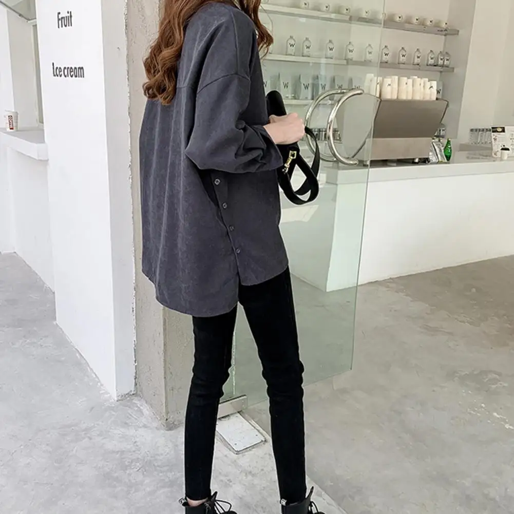 

Lightweight Long-sleeve Blouse Stylish Women's Single-breasted Long Sleeve Cardigan with Patch Pocket Soft Casual Blouse for Ol