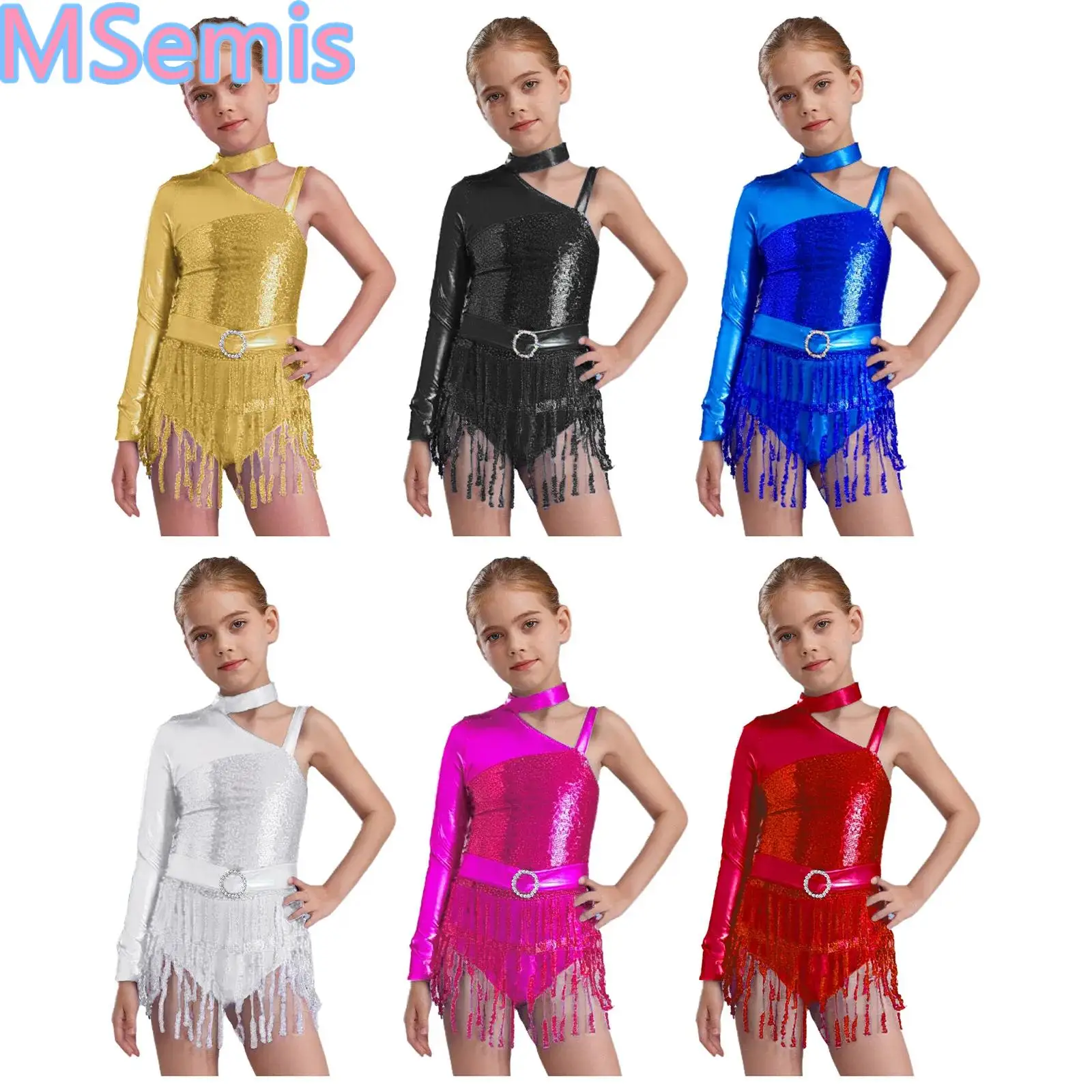 

Kids Girls Sequins Tassels Latin Dance Leotard Sparkly Metallic Performance Costume Asymmetrical Shoulder Bodysuit