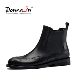 Donna-in Women Black Genuine Leather Boots Carved Ankle Booties Low Heels Ladies Platform Chelsea Boots Autumn Female Shoes