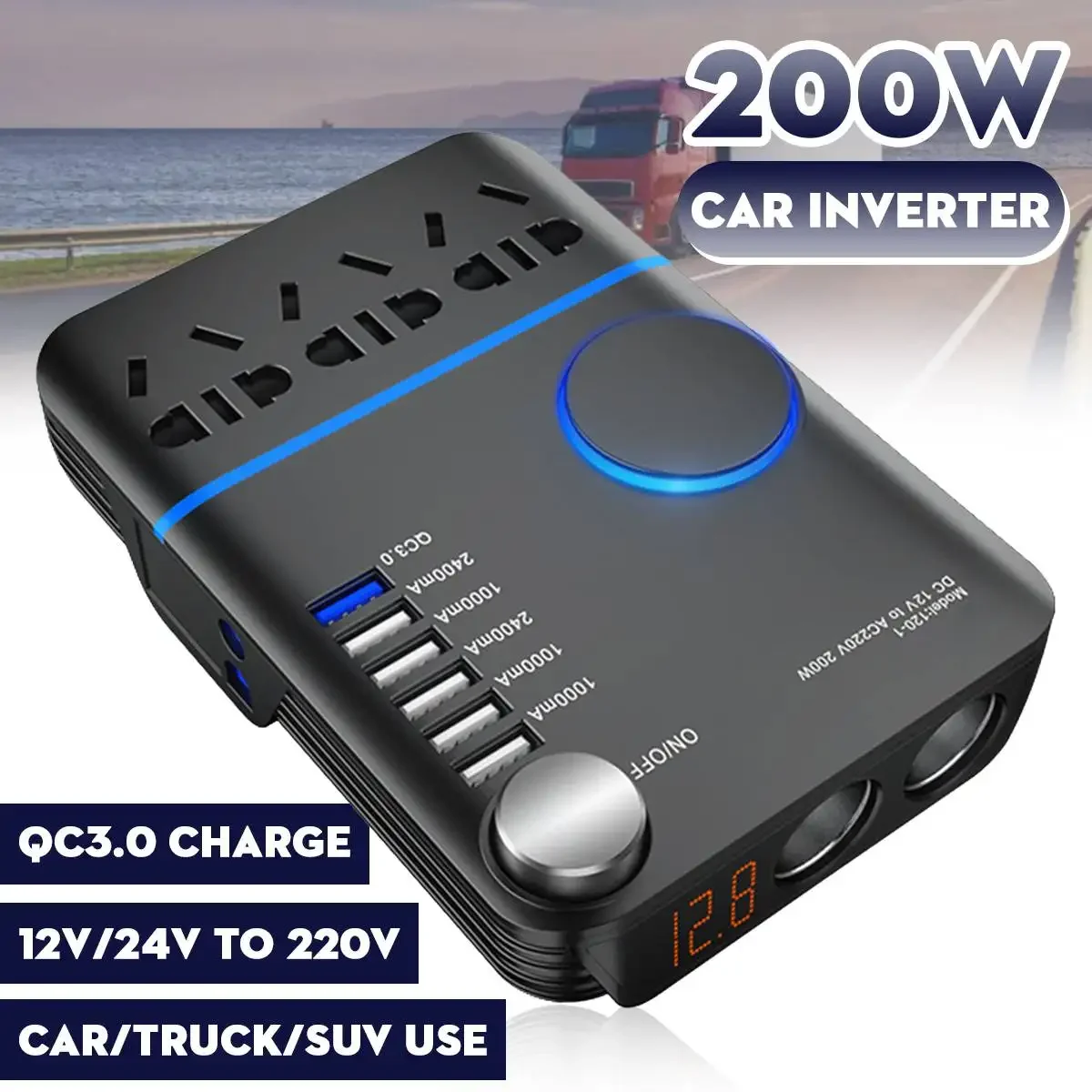 200W Car Power Inverter DC 12V/24V To AC220V Voltage Converter USB QC3.0 Quick Charger Auto Volt Invertor 5Port USB Car Charger