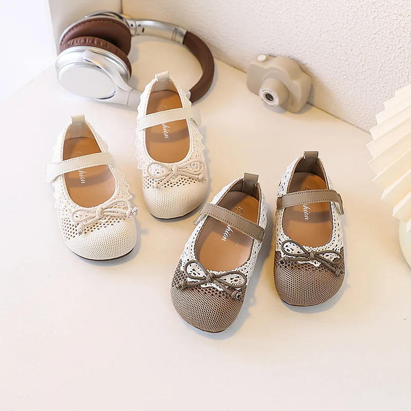 

Children's Lace Mary Jane Flats Sweet Bow Outdoor Play Girls Leather Shoes Non-Slip First Walker Kids Breathable Causal Shoes