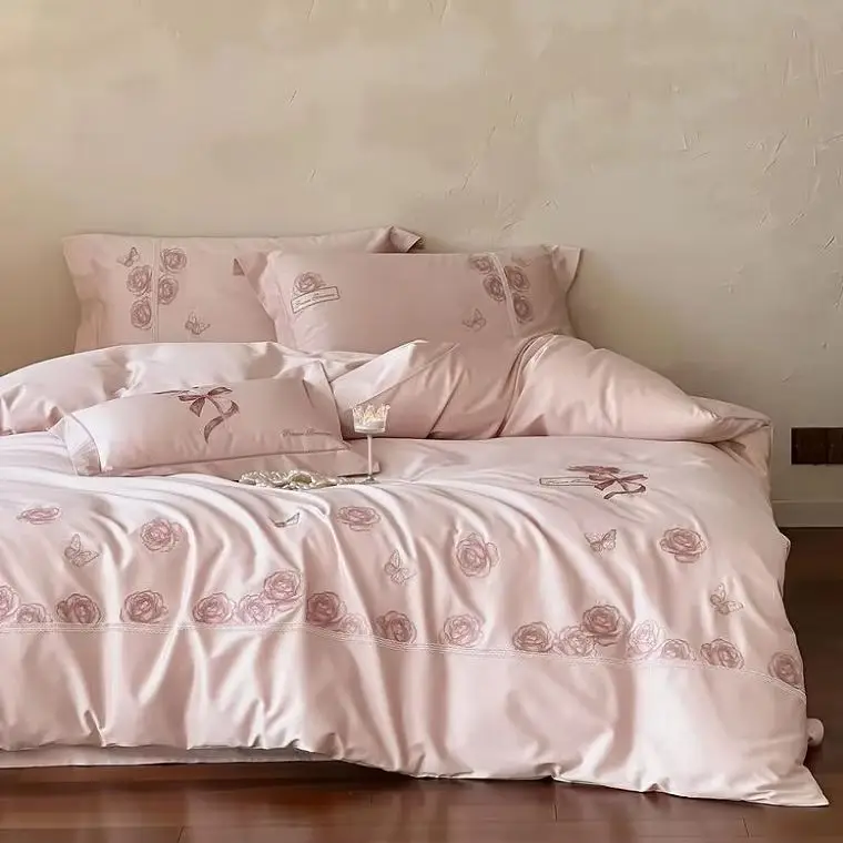 100% Egyptian Cotton Vintage Rose Butterfly Embroidery Luxury Bedding Set Duvet Cover Bed Sheet/Fitted Sheet Pillowcases 4Pcs