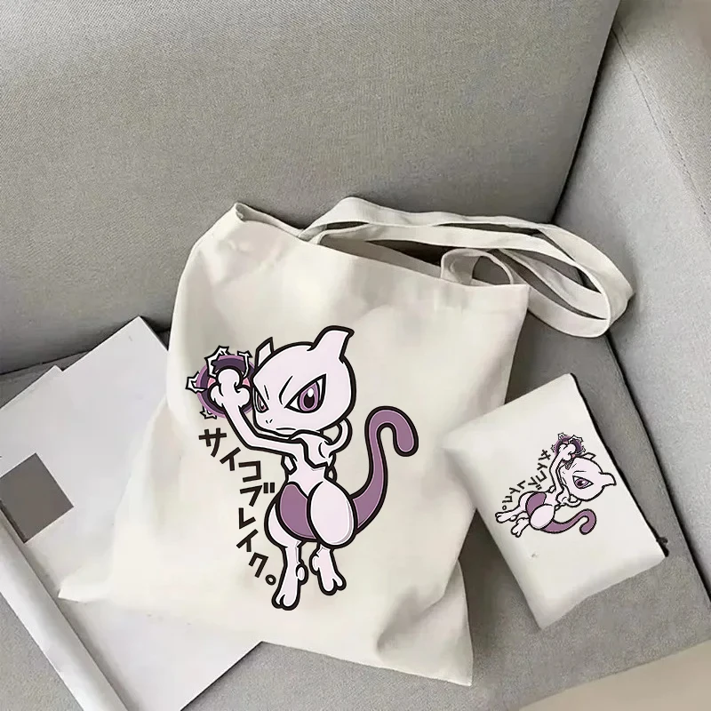 

Nwe Pokémon Mewtwo Large Capacity Tote Bag Casual and Portable Shoulder Bag Lightweight Shopping Bag Large Reusable Canvas Bag