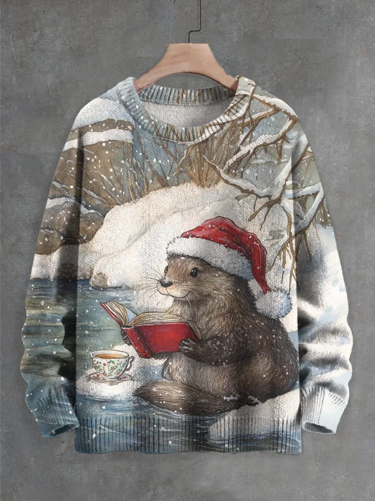 

Men's Christmas Otter Reading Japanese Art Print Knit Sweatshirt Pullover Sweater Women For Men Sweater