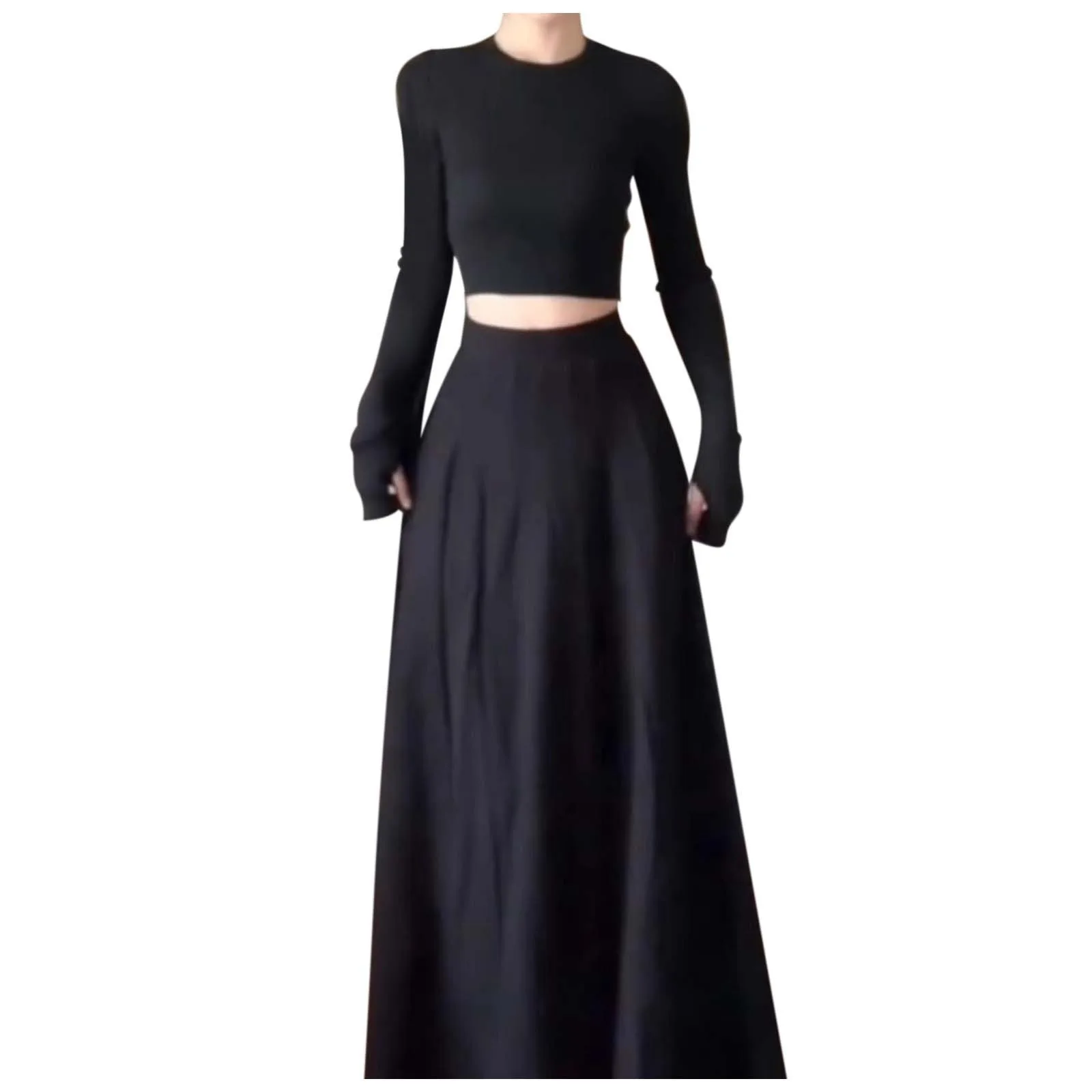 Elegant Long Dress For Women Petite Sized Age-Reducing Black Hollow Mesh Sleeves Early Autumn Feeling Trendy Skirt Matching Sets