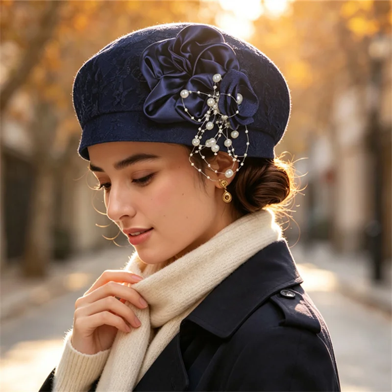 New Lace Flower Beret Cap African Turban Hat for Women Beads Party Head Wrap Auto Gele Headties Nigeria Wedding Bonnet Headgear
