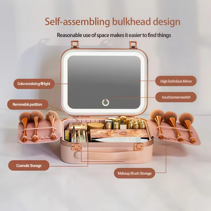حقيبة مكياج مضاءة بإضاءة LED بسعة كبيرة مع مرآة، صندوق تخزين مستحضرات التجميل قابل للفصل، صندوق مكياج للسفر، حقيبة مستحضرات التجميل