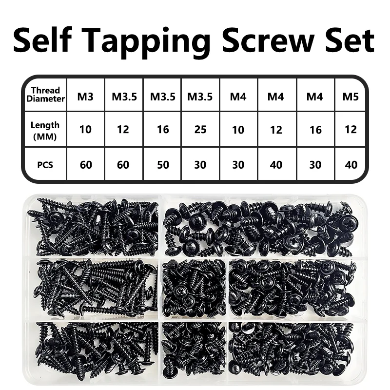 340pcs/Box M3 M3.5 M4 M5 black Flat Head Cross Carbon Steel Self-Tapping Screw