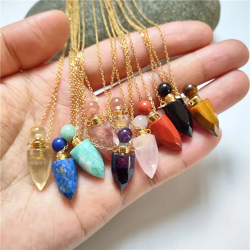 FUWO Cute Bullet Shape Perfume Bottle Neckace,Natural Quartz Amethysts Faceted Essential Oil Vial Jewelry NC108 5Pieces/Lot