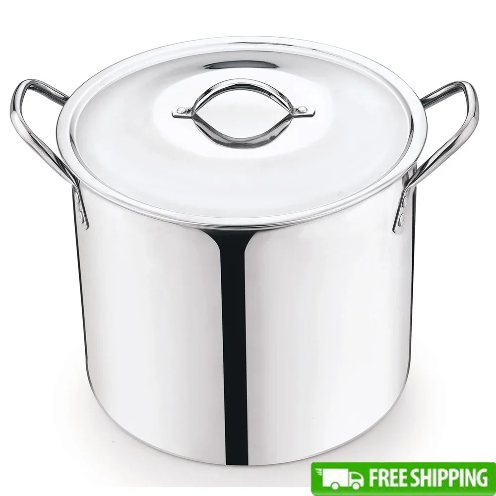 12 Quart Stainless Steel Stock Pot with Metal Lid Stay Cool Handles Heavy Duty Cookware Soup Stew Boiling Ideal Kitchens