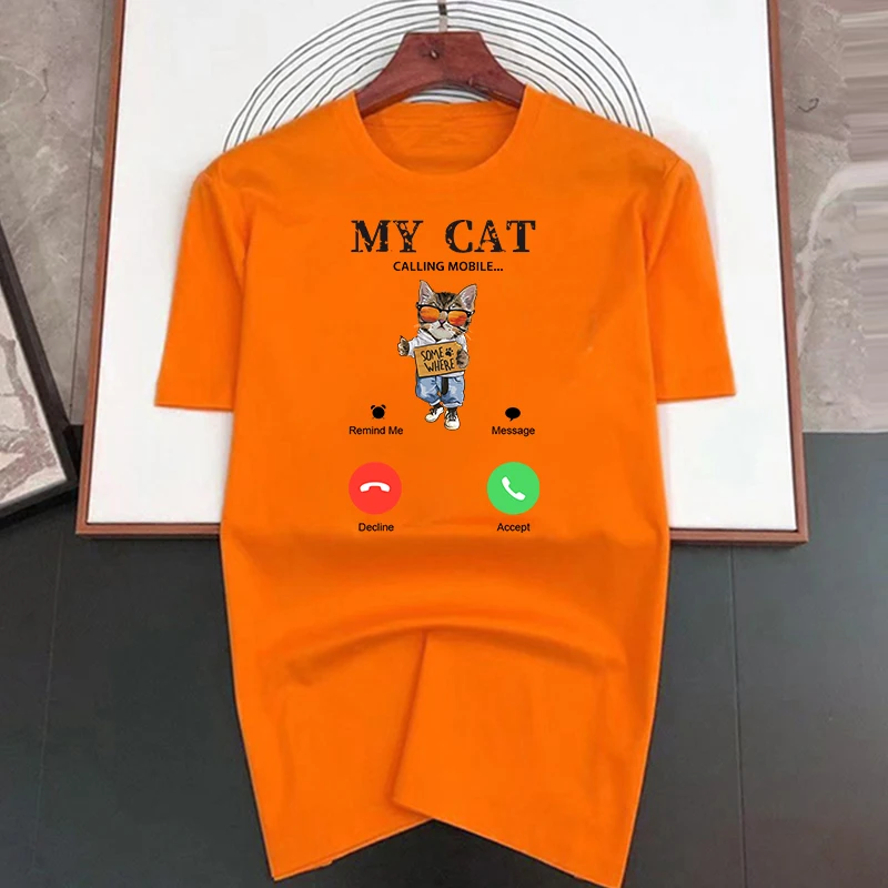 Men's T-Shirt My Cat Calling Mobile Print Shirts 100%Cotton T Shirt Summer Tops Short Sleeve Casual Man Oversized Clothing