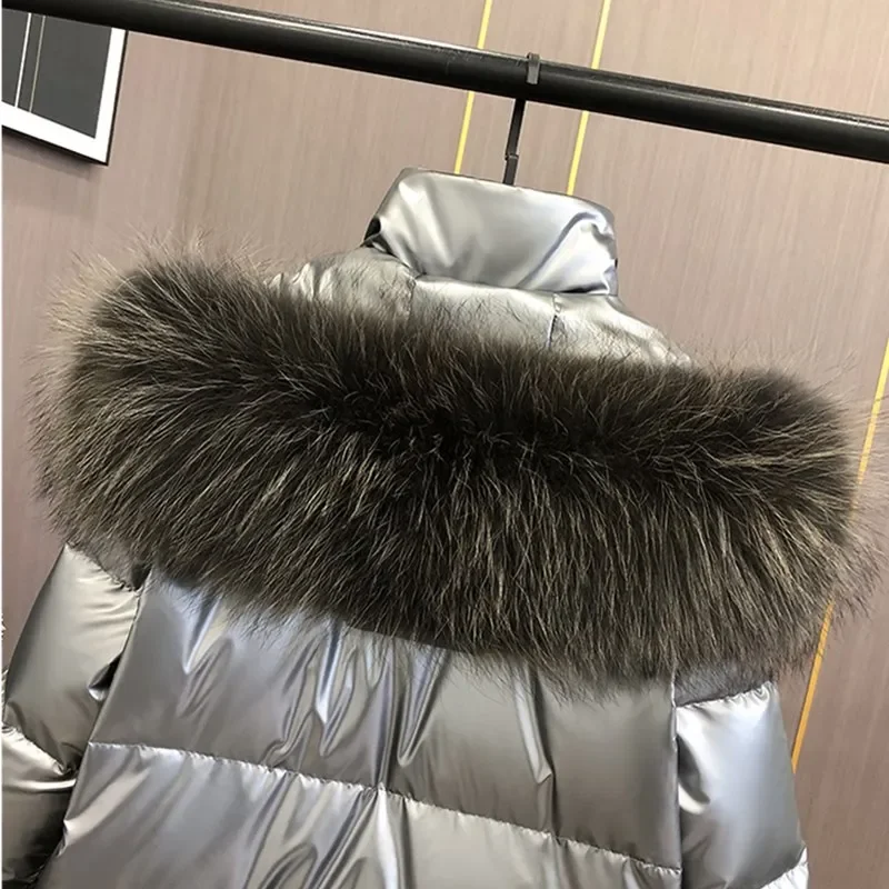 Brand Luxury Big Fox fur collar Glossy Down Jacket Women 2024 Winter New Female White duck down Coat Warm Hooded Parkas Overcoat