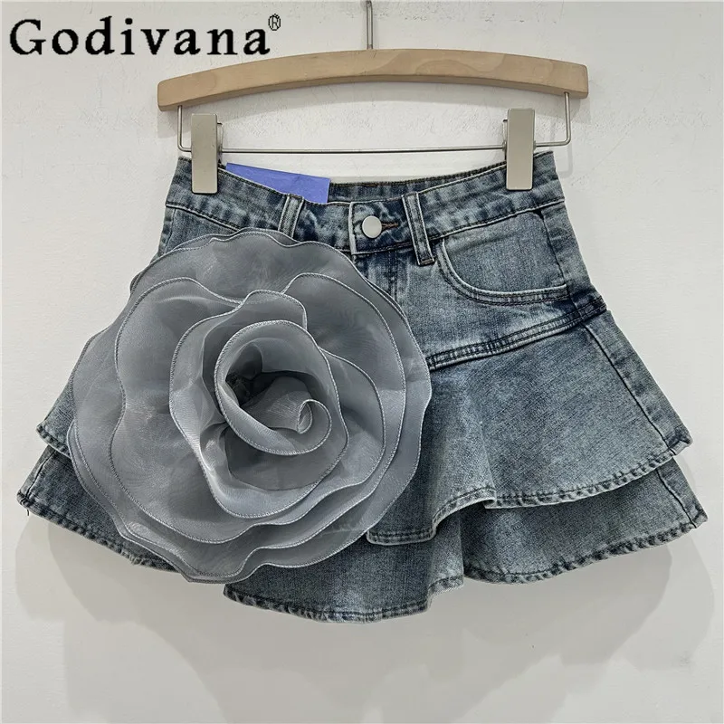 

summer sweet Ruffles fashion three-dimensional flower denim pantskirt girl high waist versatile age-reducing Korean cake skirt