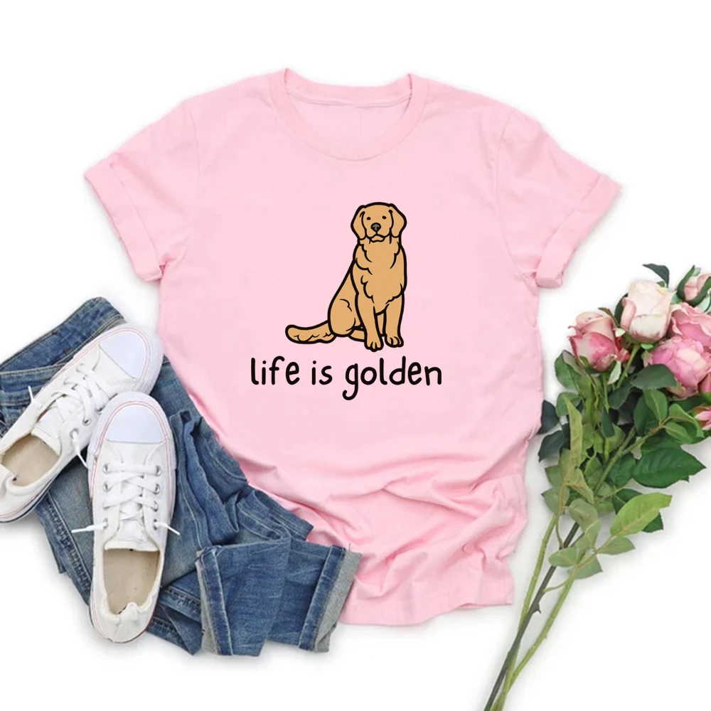 Cute Golden Retriever Dog Women Tee Life Is Golden O-Neck Casual Short Sleeve Tee English Retriever Y2K Summer Graphic Print Top