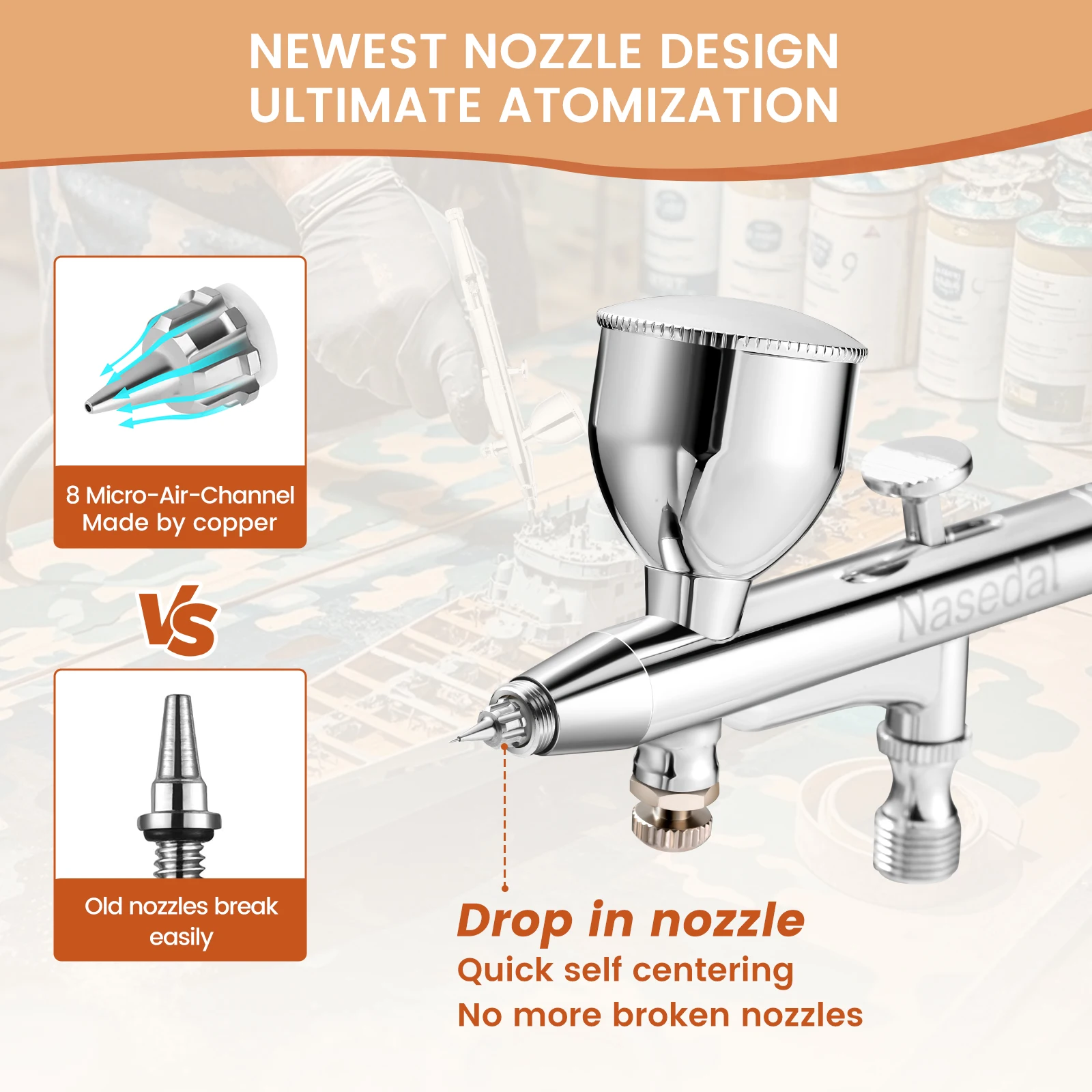 Nasedal Dual Action Airbrush Kit Updated Drop-in Nozzle for Model Painting Miniature Coloring Makeup Nail Art Craft NT-268K