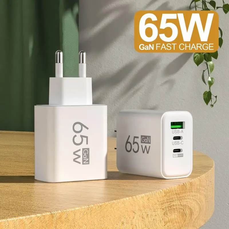 65W GaN USB C Charger 3 Ports PD3.0 QC4.0 Fast Charging Foldable Travel Wall Adapter for    Laptop Tablet