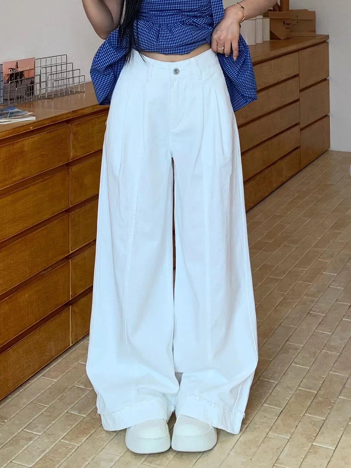 Pantalones vaqueros blancos de pierna ancha de cintura alta para mujer, pantalones largos sueltos simples rectos de verano, pantalones casuales femeninos Premium