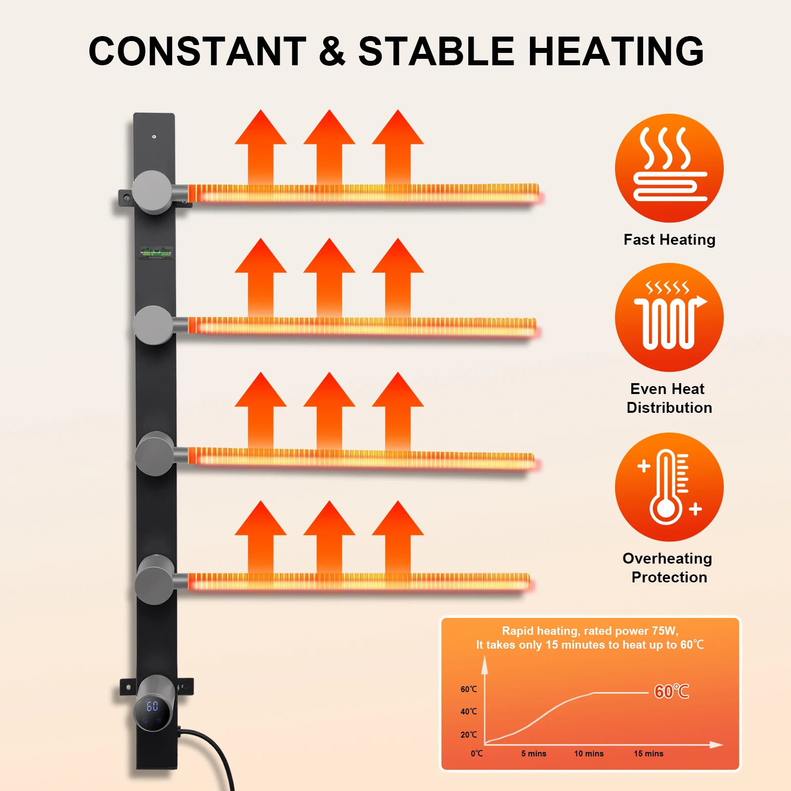 Полотенцесушитель, 4-барный полотенцесушитель из нержавеющей стали, светодиодный дисплей, электрический полотенцесушитель, полотенцесушитель для ванной комнаты с таймером