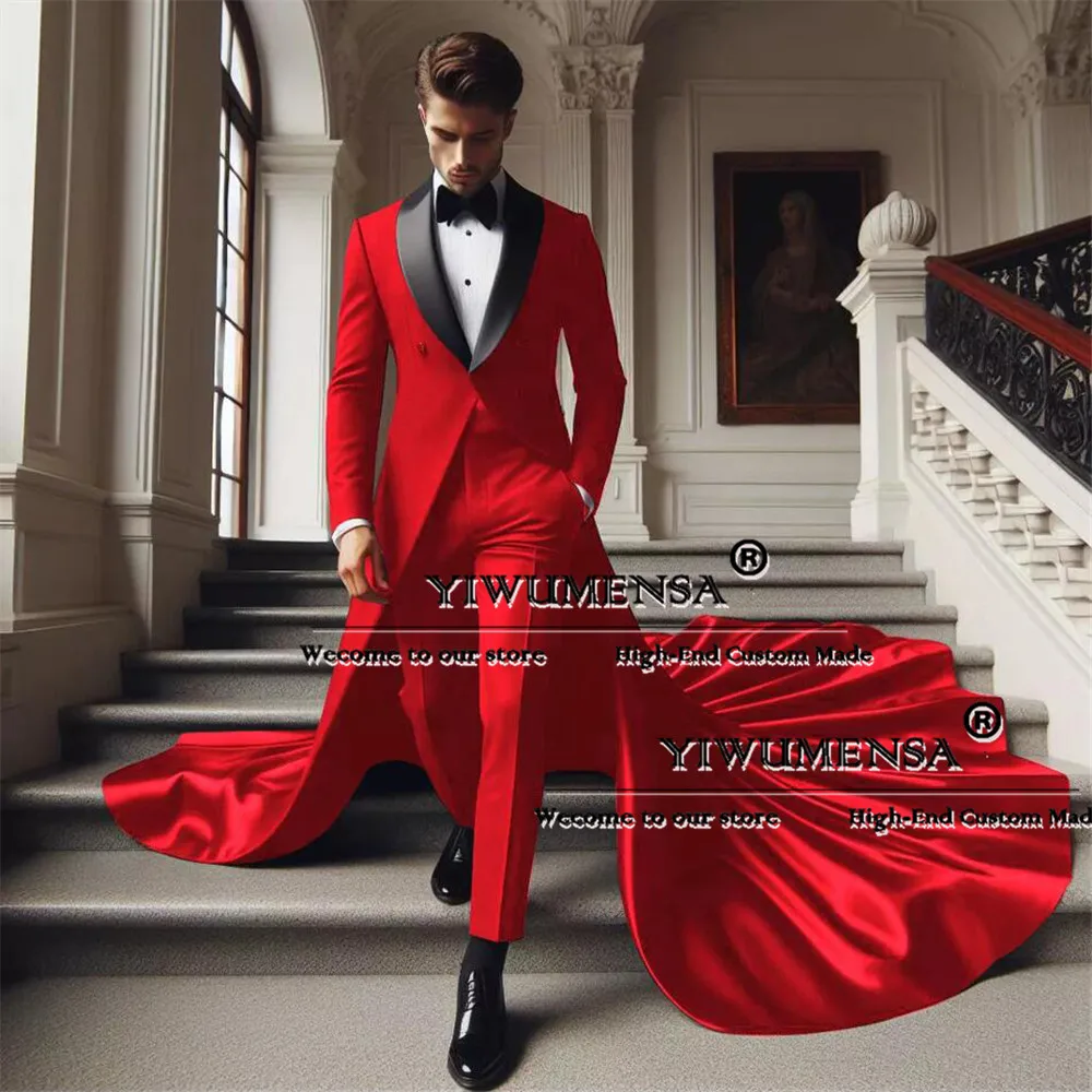 Latest Design Wedding Suits For Men Black Shawl Lapel Prom Blazer With Long Train Formal Banquet Groom Wear Tuxedo Tailored Made