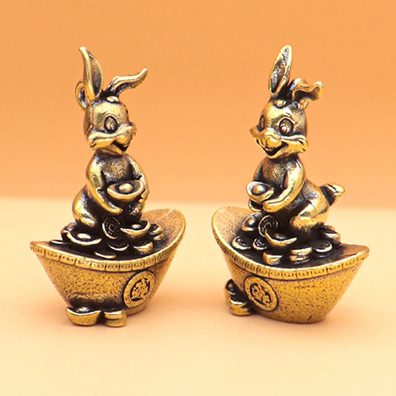 1PC Chinese Brass Lucky Rabbit Zodiac Figurines Desktop Small Ornament Key Chain Pendant Figurine Decoration Craft Gift Brass