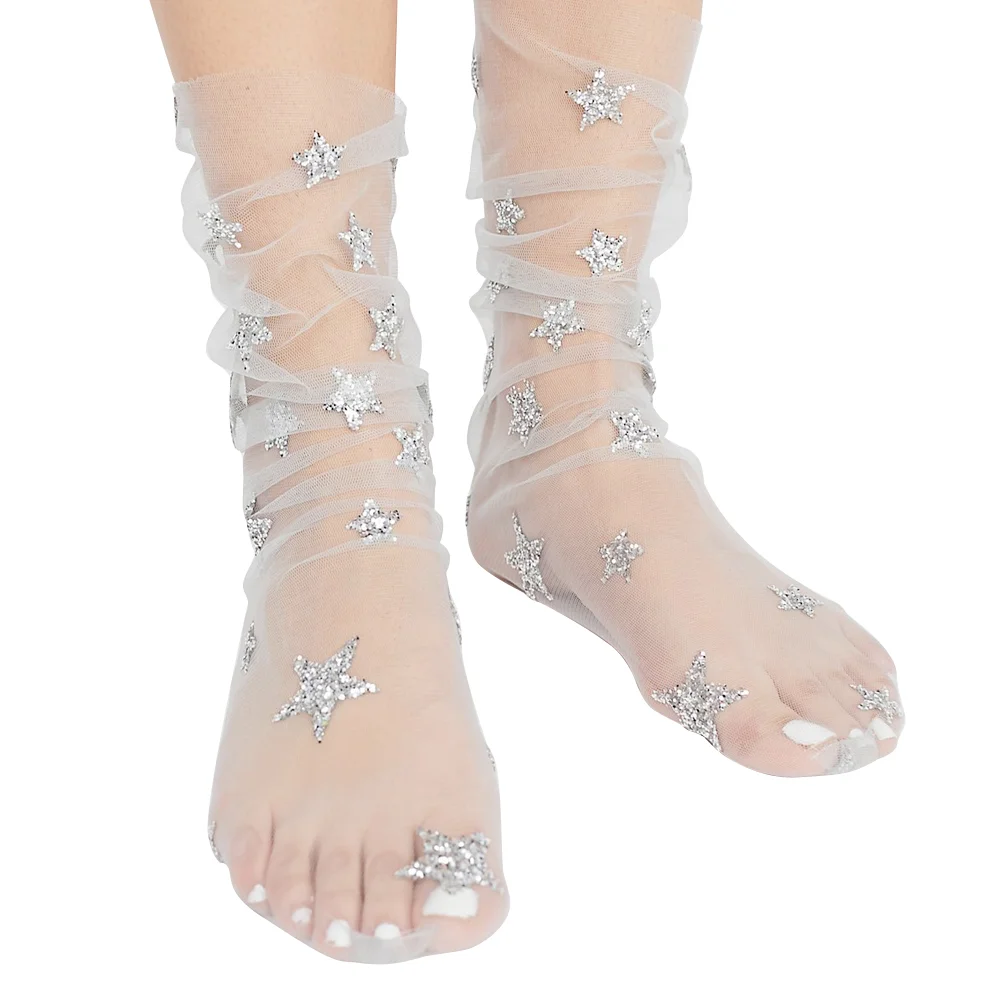 Women Fashion Glitter Sock Transparent Elastic Sheer Ankle Socks (Gray) women socks glitter socks