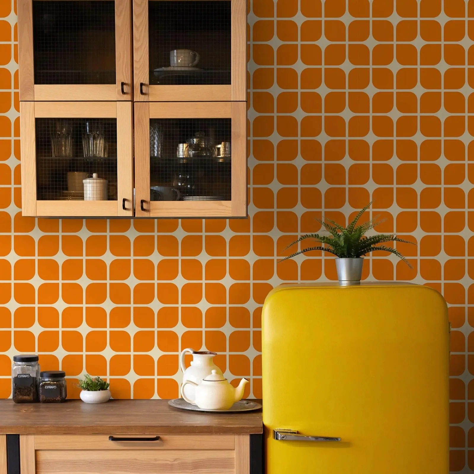 Geometric Wallpaper Peel and Stick, Orange Wallpaper For Living Room Decor,Retro Whimsical Traditional Non-woven Wallpaper Roll