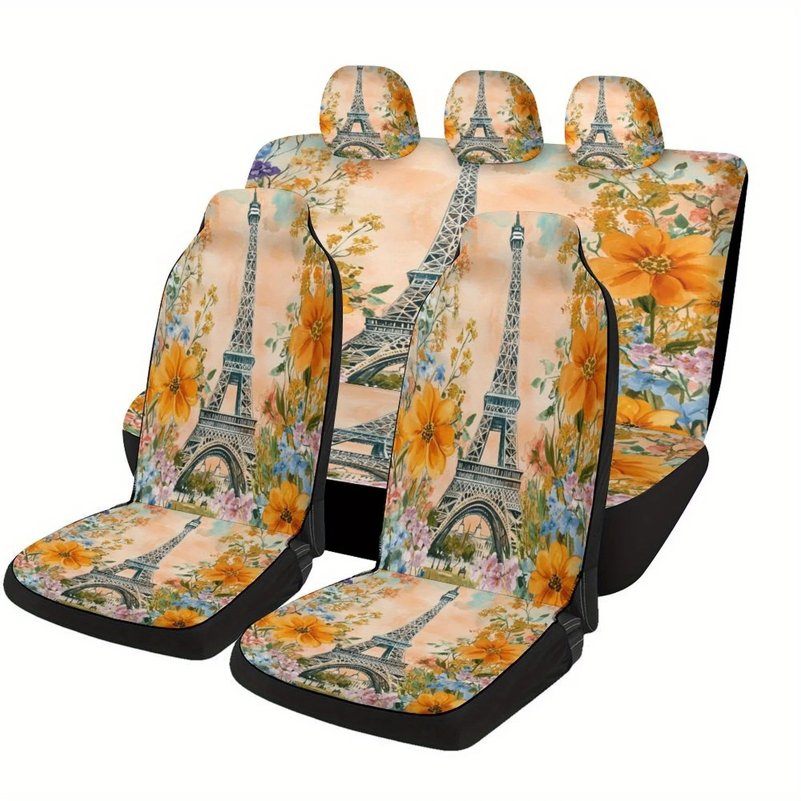 Eiffel Tower In Bloom Designed Car Seat Cover Set For Most Cars, Fashionable Novelty Car Seat Protector Covers Full Set, Car Se