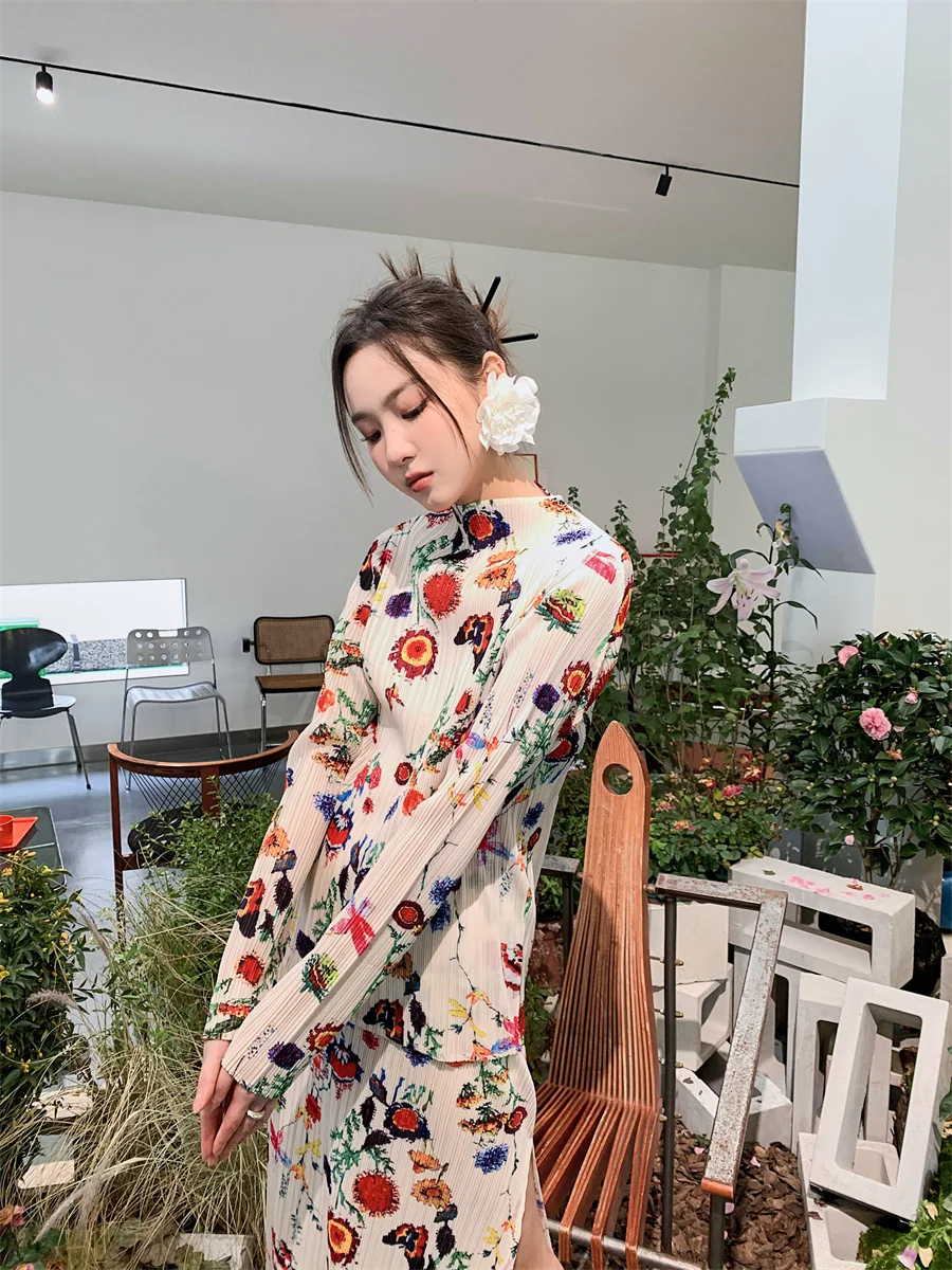 CHEERART 2 Piece Floral Print Pleated Blouse Spring 2022 Womens Korean Fashion Ladies Top Long Sleeve Designer Clothing