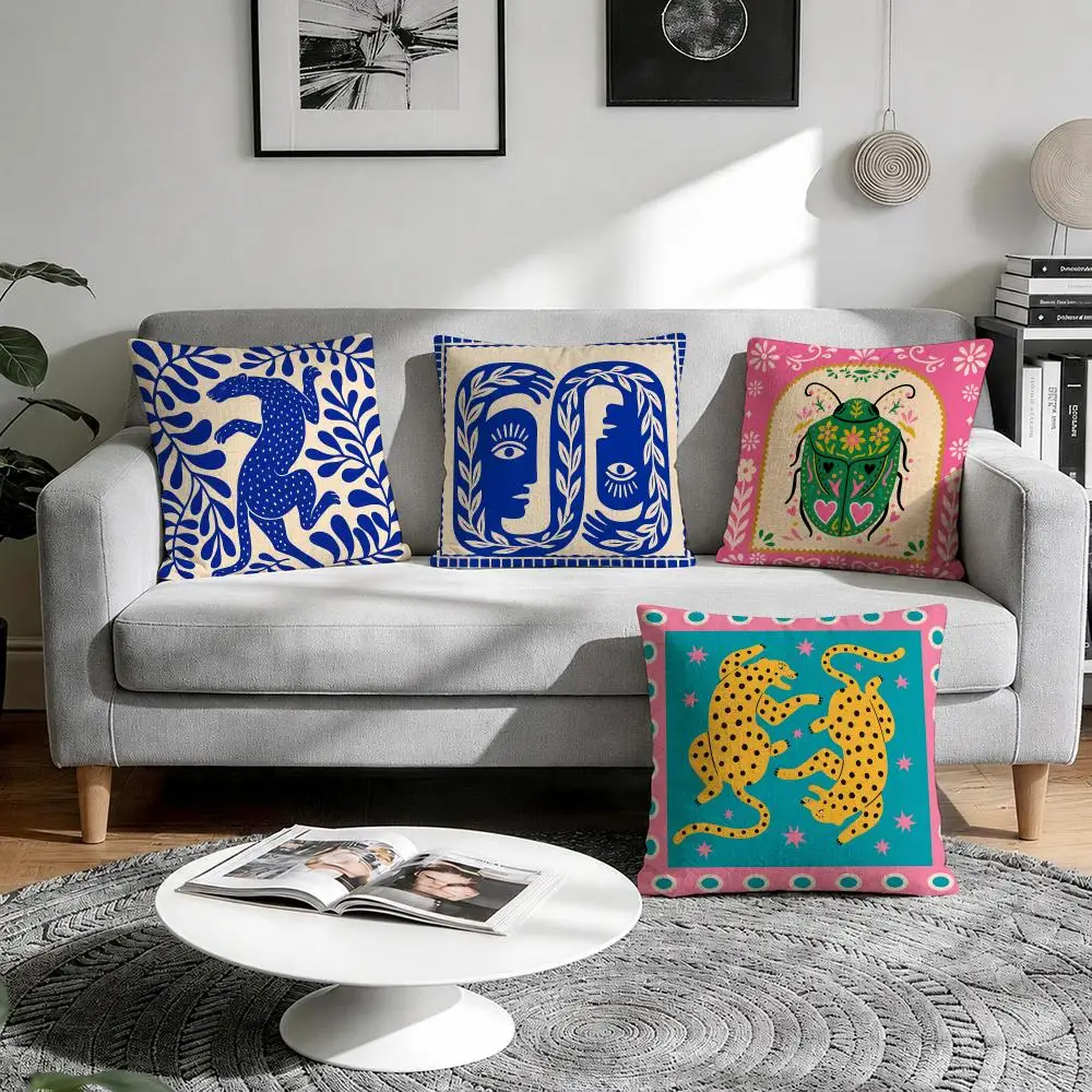 Folk Art Animal Colorful Cushion Cover Natural Breathable Durable Linen Printed Decor Pillow Case Sofa Bedroom