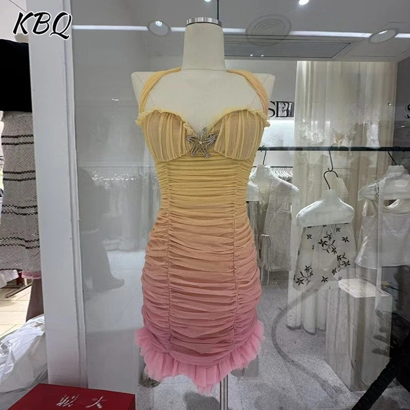 

KBQ Hit Color Gradient Slimming Backless Dresses For Women Halter Sleeveless Spliced Bowknots Mini Dress Female Fahsion Style