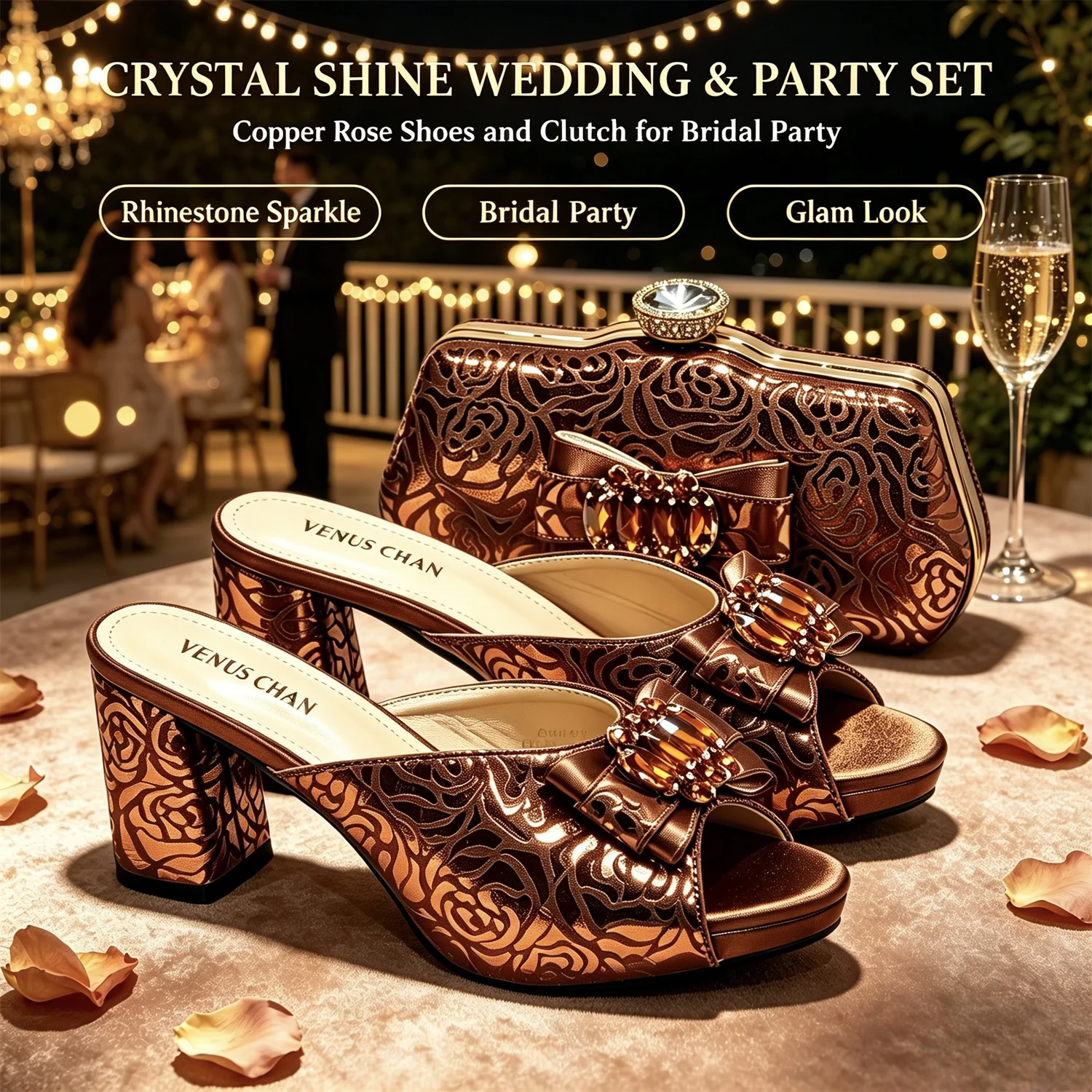Conjunto de zapatos y bolso de mujer con encaje de satén morado de lujo, tacón de bloque con lazo de pedrería, sandalias abiertas, para bodas, fiestas y eventos nocturnos.
