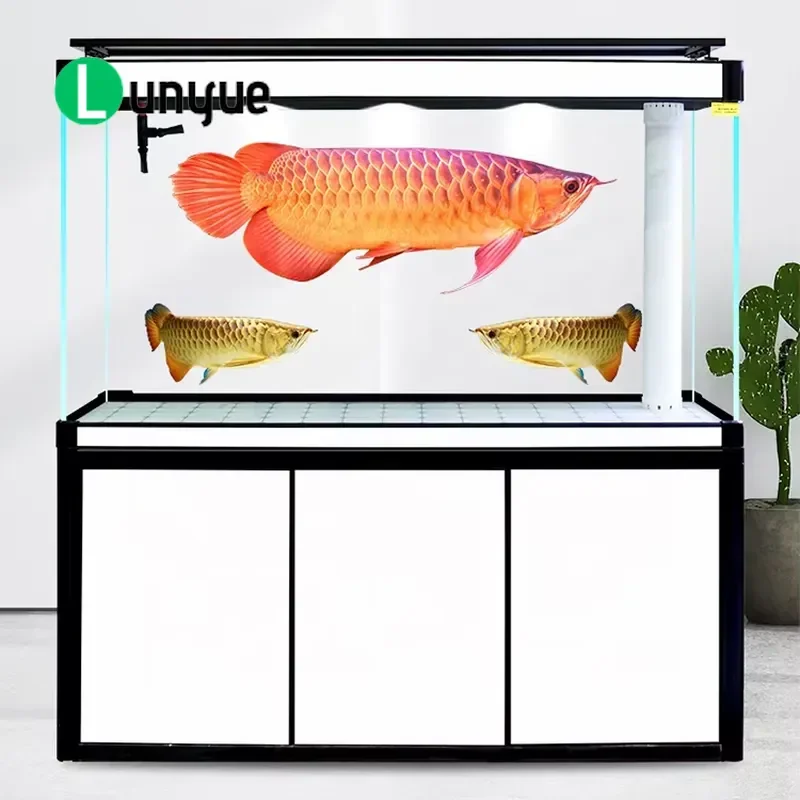 Large LED Ultra White Glass Fish Tank Aquarium With Vertical Cabinet And Bottom Groove 500L 1000L Custom Home Decoration