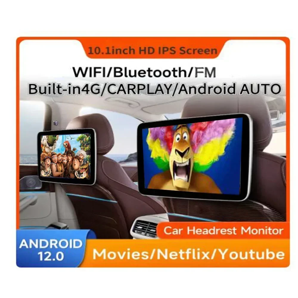 10.1 Inch Headrest Monitor Display IPS Android 12.0 2G+32G Tablet Touch Screen For Car Rear Seat Player Online Video Play Store