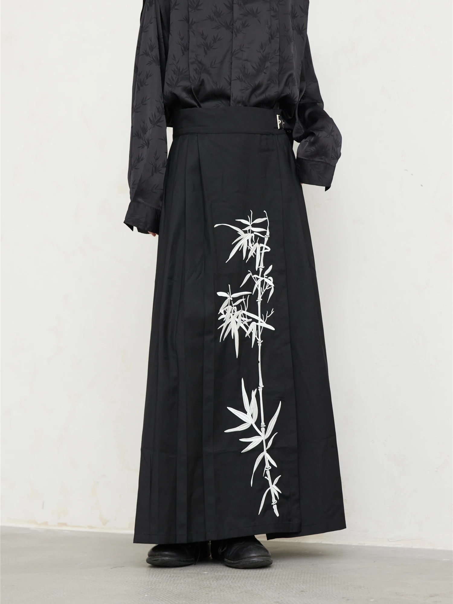 

Sunyvonnie23Fw Chinese Style Bamboo Leaf Embroidery Modified Checkerboard Skirt Vintage Gauze Splitting Long Commuter A-Line ...