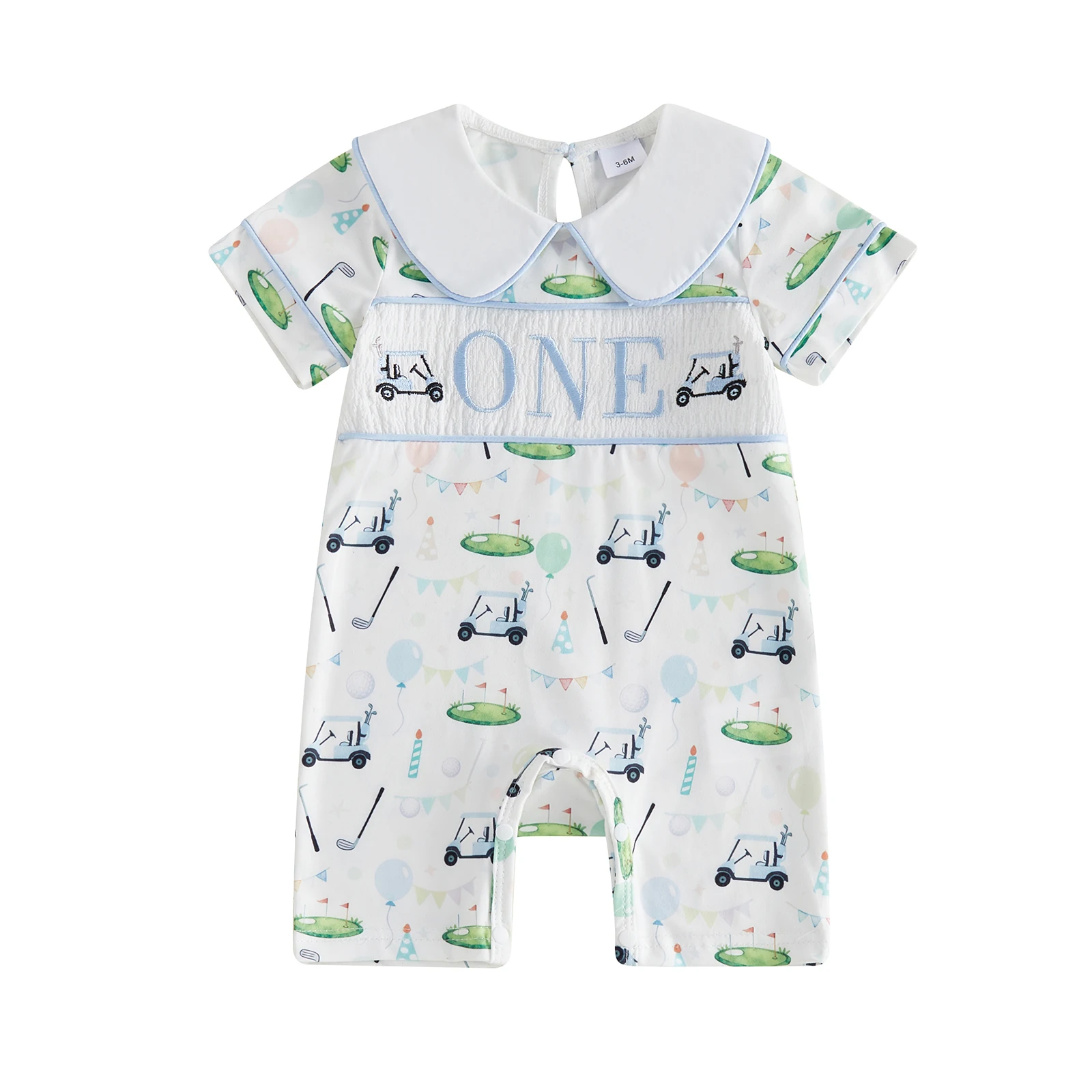

Infant Boy s 1st Birthday with Embroidered Letters and Golf Print Short Sleeve Doll Collar and Jumpsuit