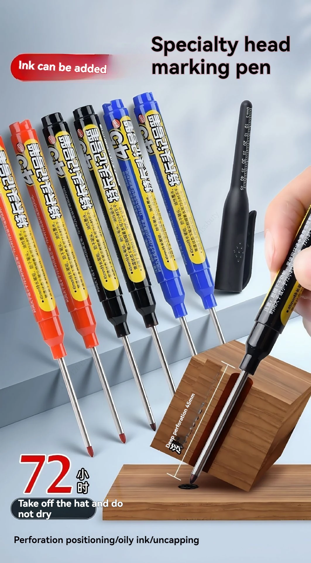 45-mm-Marker-Set mit wasserfester, langköpfiger Spitze, schnelltrocknende Tinte für Holzbearbeitung, Bauarbeiten, tiefe Löcher, ungiftig, schwarz, rot, blau, weiß – Detail 3